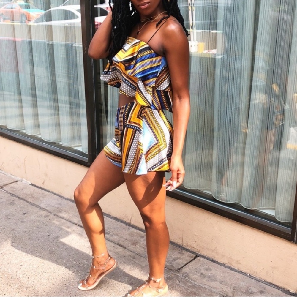 Pretty Little Thing Blue and Yellow Satin Tribal Print Two-Piece Set/Coord Set - Picture 9 of 9